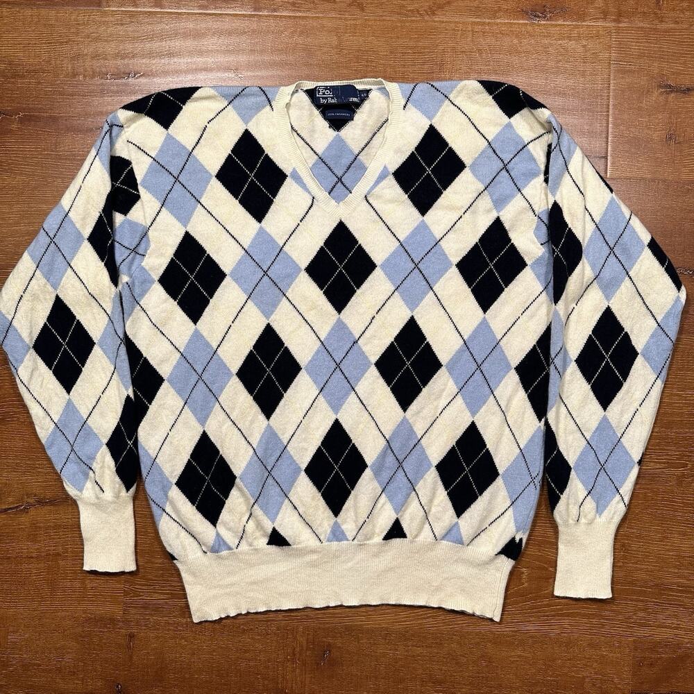 Vintage 90s Ralph Lauren Sweatshirt Mens XL Diamond Check 100% Cashmere Preppy
